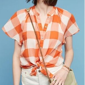 Anthropologie maeve orange checkered shirt flutter sleeve plaid button down